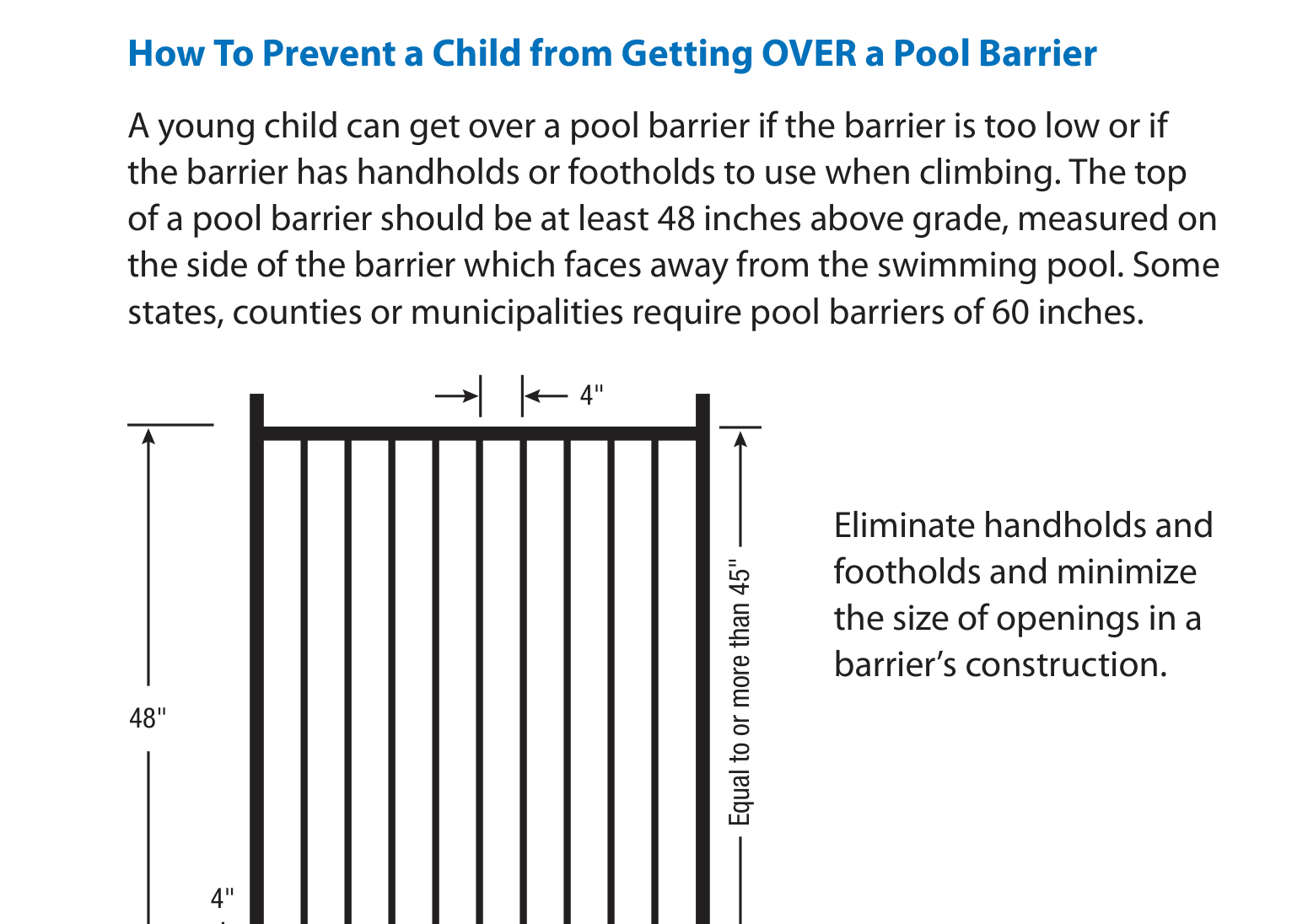 Diagram showing 48 inch minimum barrier height with annotations for eliminating handholds and footholds